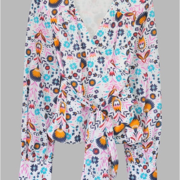 Boden White Wrap Blouse with Teal, Mustard & Pink Floral Print - Picture 3 of 5